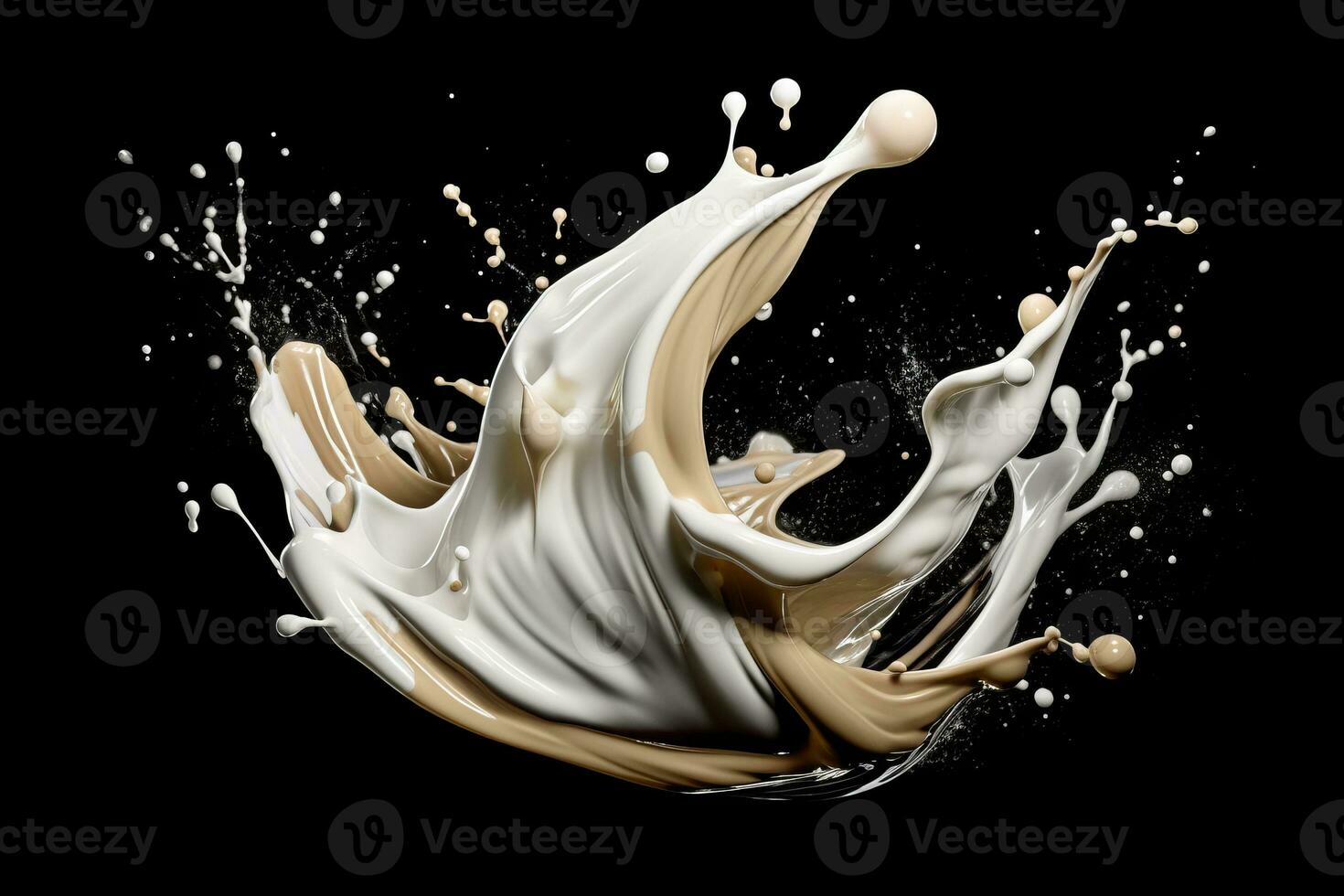 A dynamic image of a splash of milk forming a beautiful abstract pattern against a black background. Generative AI photo