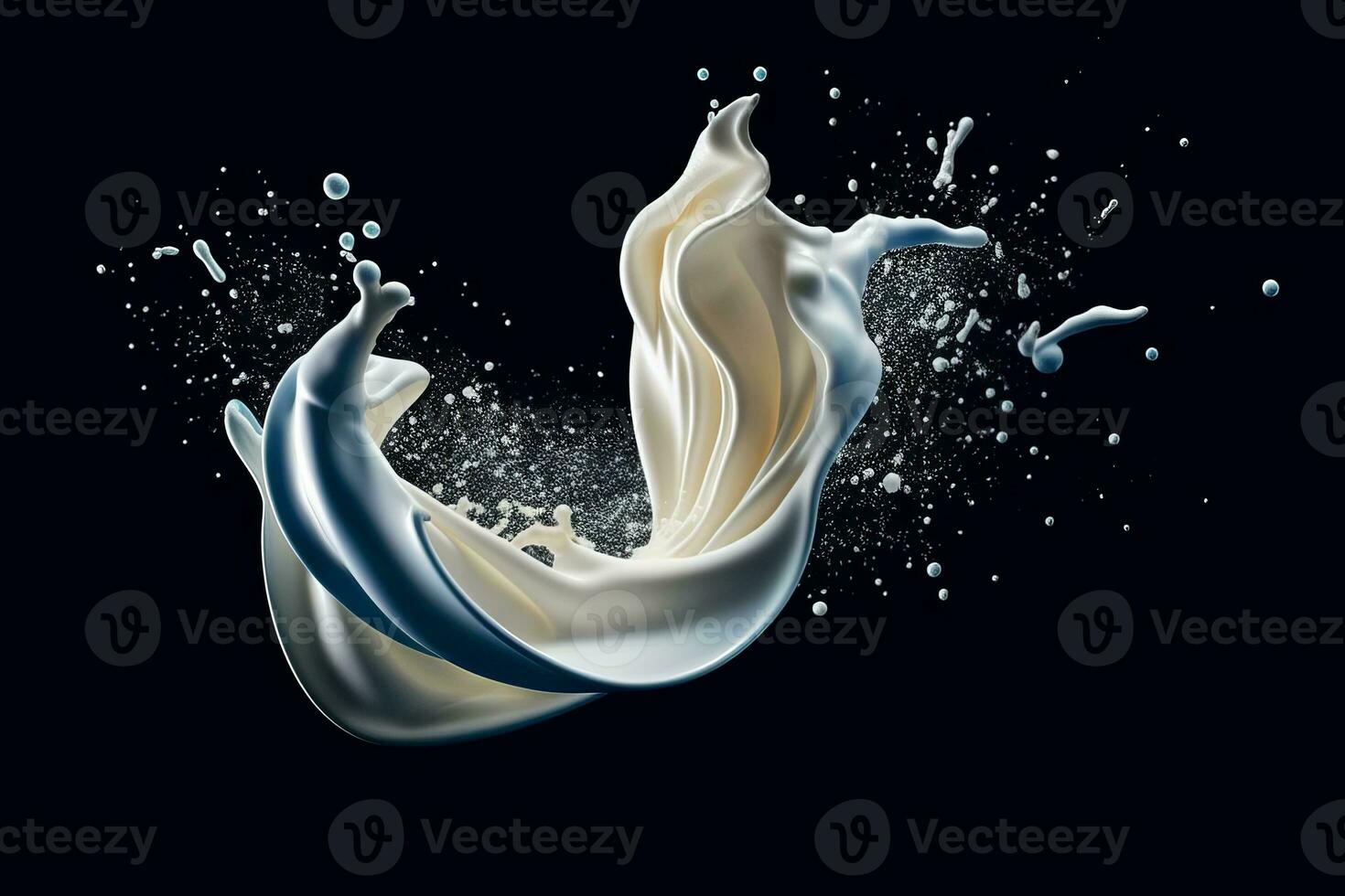 A dynamic image of a splash of milk forming a beautiful abstract pattern against a black background. Generative AI photo