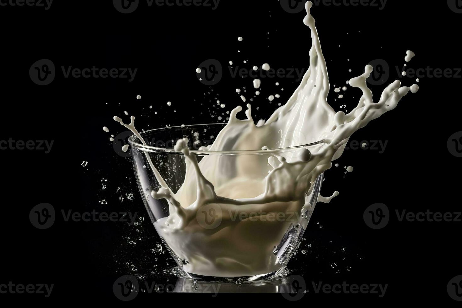 An image of a glass of milk being poured with a dramatic splash, captured in mid-air, against a black background. Generative Ai photo