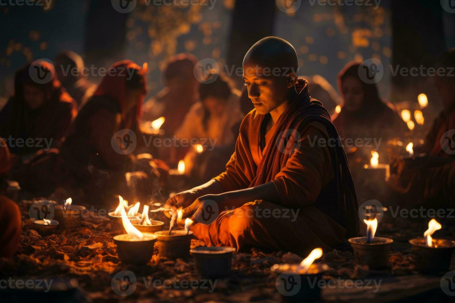 A group of Buddhist devotees engaging in a traditional ceremony, showcasing the spiritual practices and rituals of Buddhism. Generative AI photo