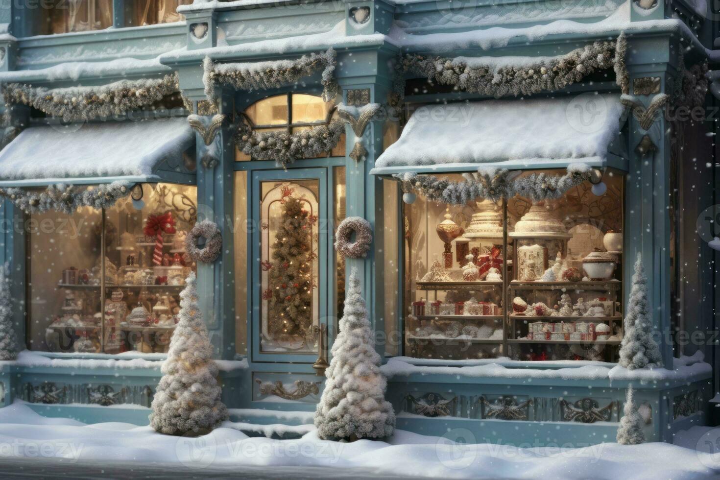 A charming storefront with frost-covered windows, showcasing a variety of beautifully arranged Christmas decorations, enticing passersby with holiday spirit. Generative AI photo