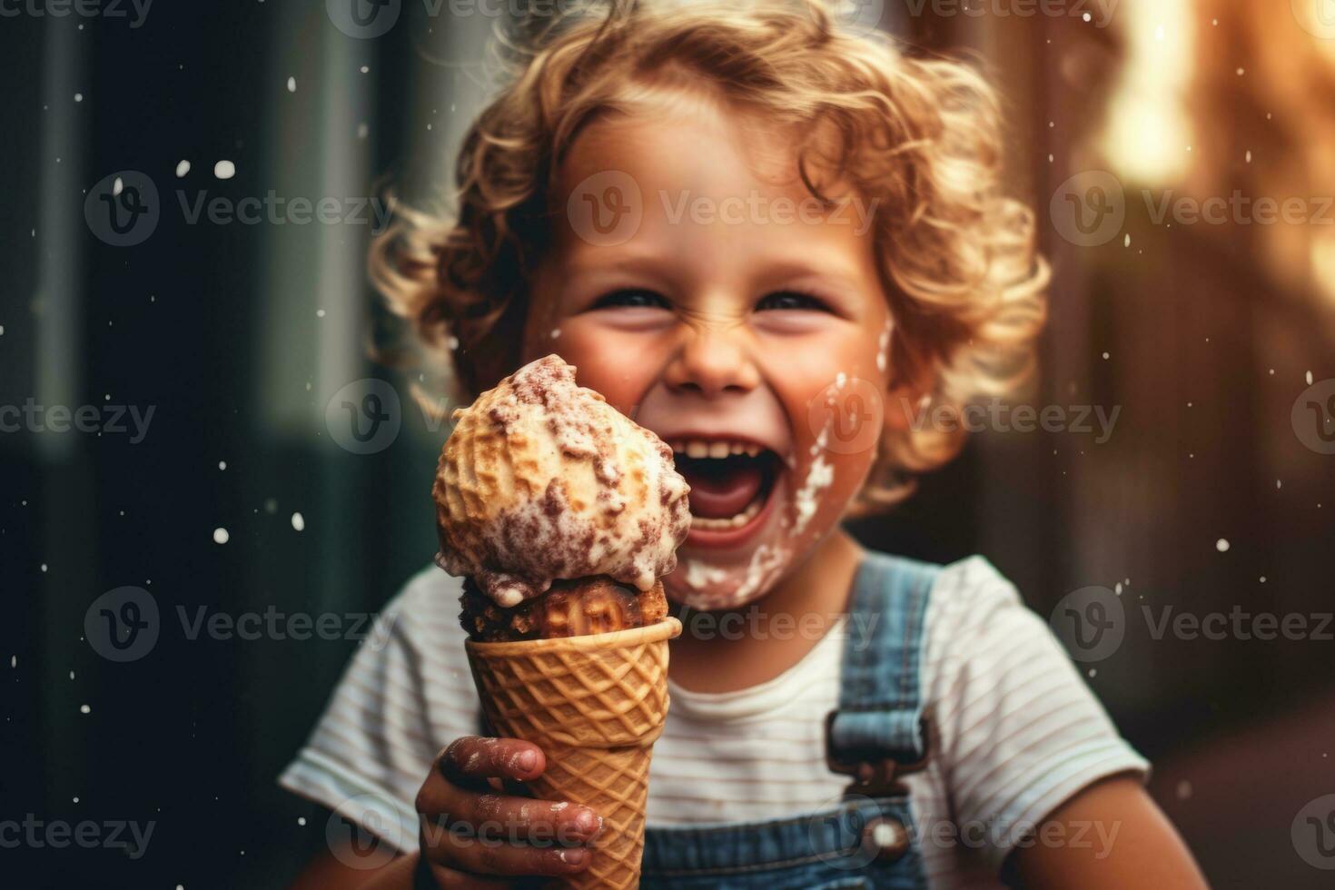 Childs hands holding a dripping ice cream cone with a big smile, evoking pure delight and capturing the simple joy of indulging in ice cream. Selective focus on ice cream. Generative Ai photo