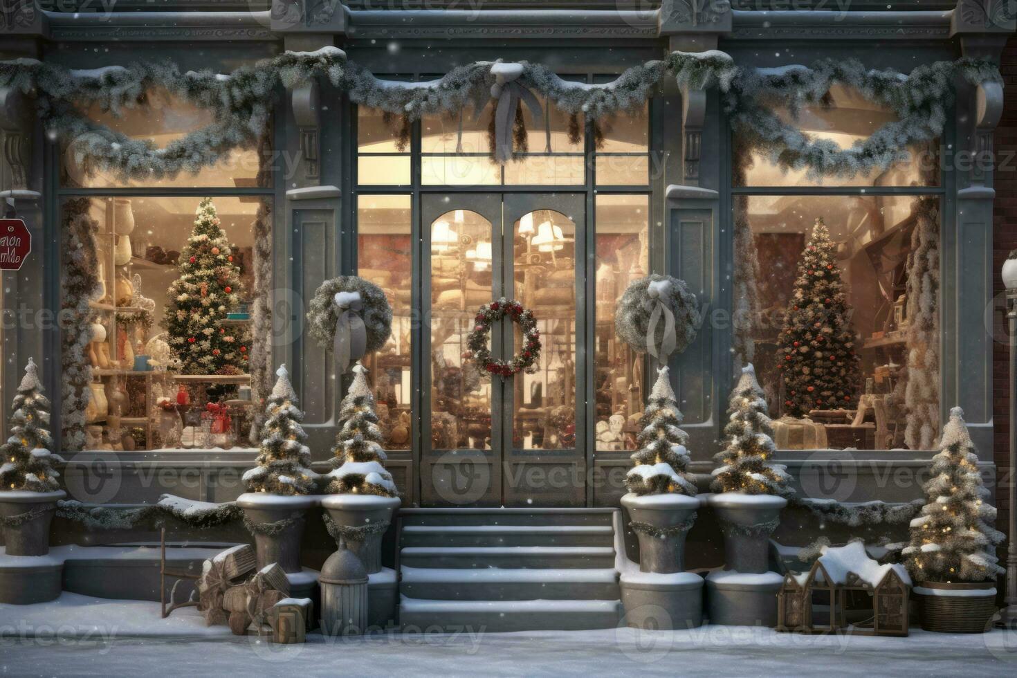 A charming storefront with frost-covered windows, showcasing a variety of beautifully arranged Christmas decorations, enticing passersby with holiday spirit. Generative AI photo