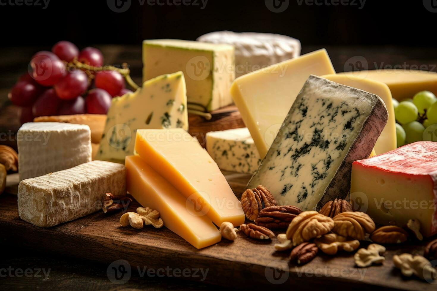 A close-up image highlighting a selection of artisanal cheeses, with various textures, colors, and shapes, conveying a sense of craftsmanship and quality. Generative Ai photo