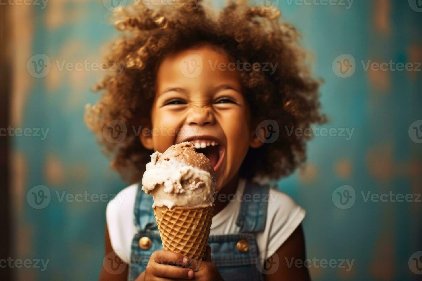 Childs hands holding a dripping ice cream cone with a big smile, evoking pure delight and capturing the simple joy of indulging in ice cream. Selective focus on ice cream. Generative Ai photo