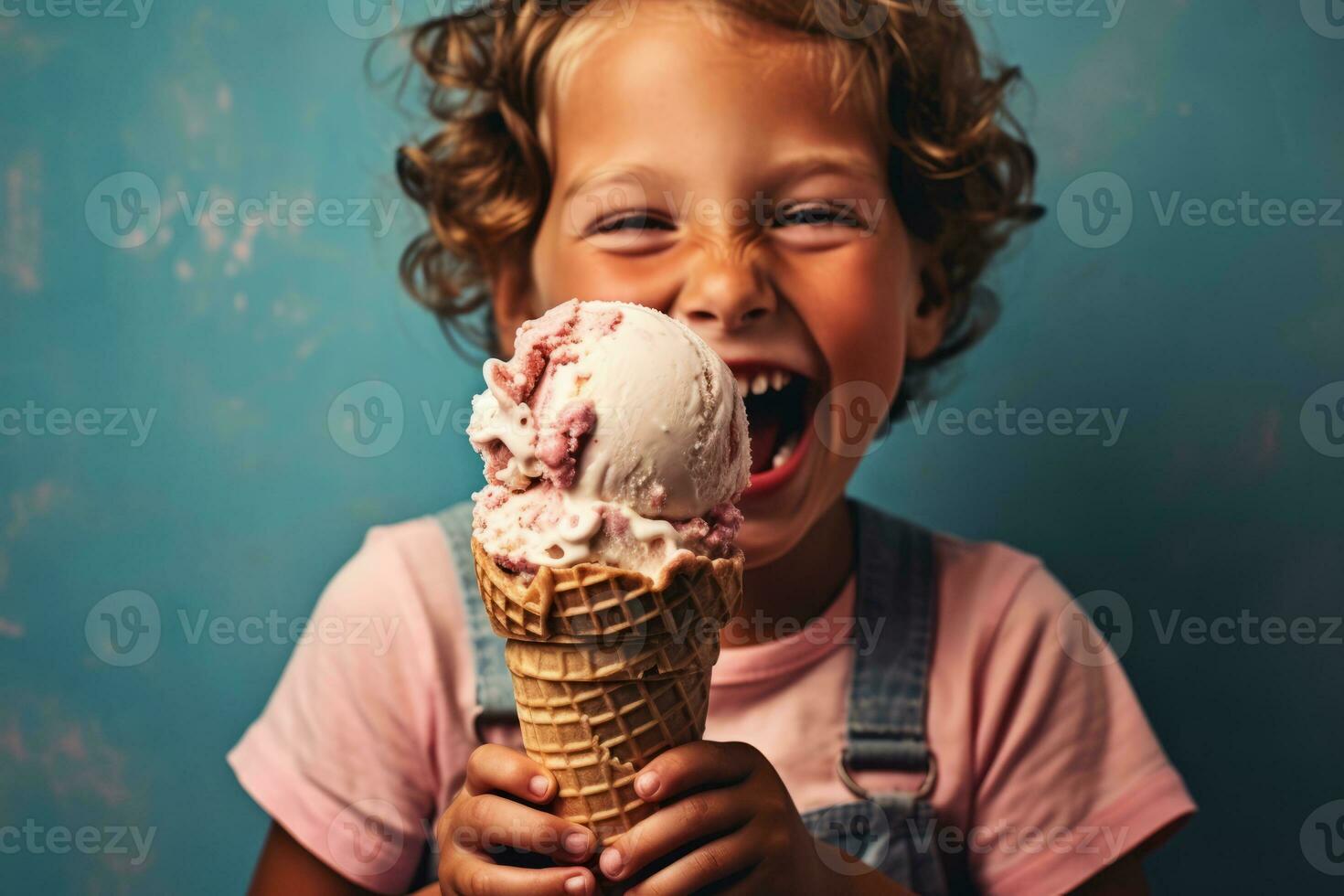 Childs hands holding a dripping ice cream cone with a big smile, evoking pure delight and capturing the simple joy of indulging in ice cream. Selective focus on ice cream. Generative Ai photo