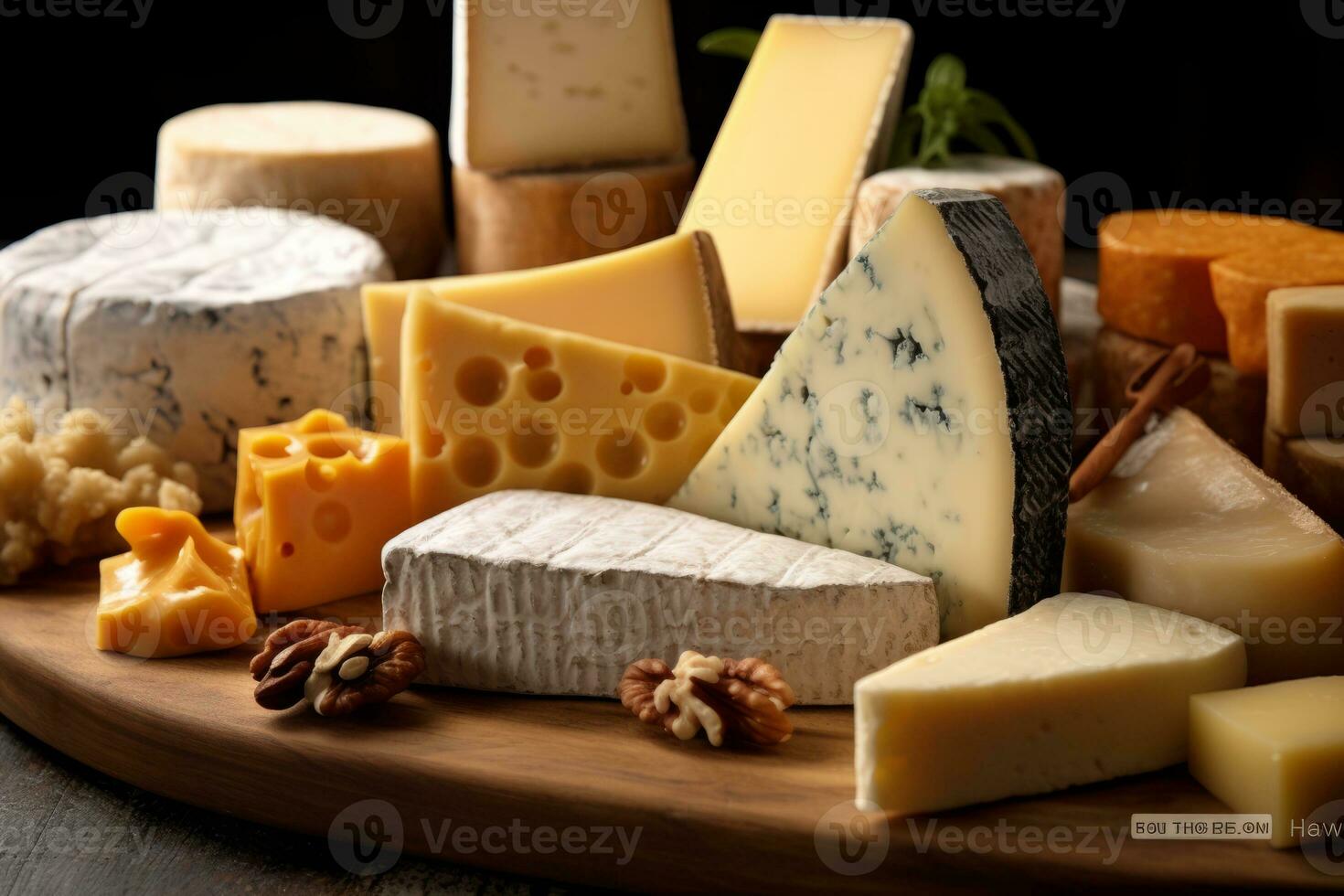 A close-up image highlighting a selection of artisanal cheeses, with various textures, colors, and shapes, conveying a sense of craftsmanship and quality. Generative Ai photo