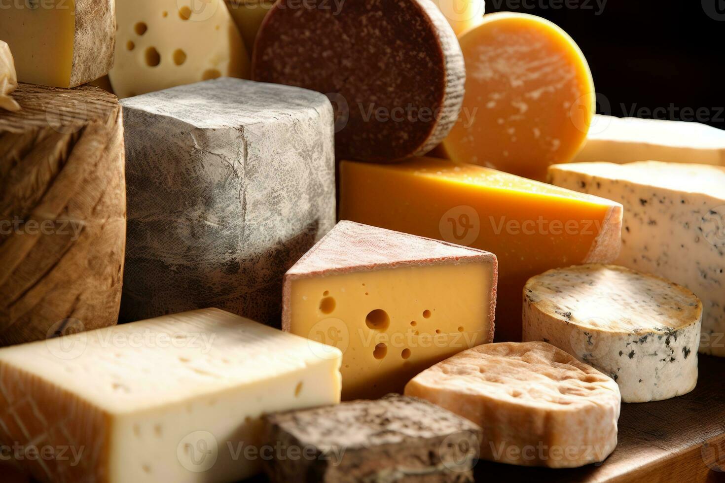 A close-up image highlighting a selection of artisanal cheeses, with various textures, colors, and shapes, conveying a sense of craftsmanship and quality. Generative Ai photo