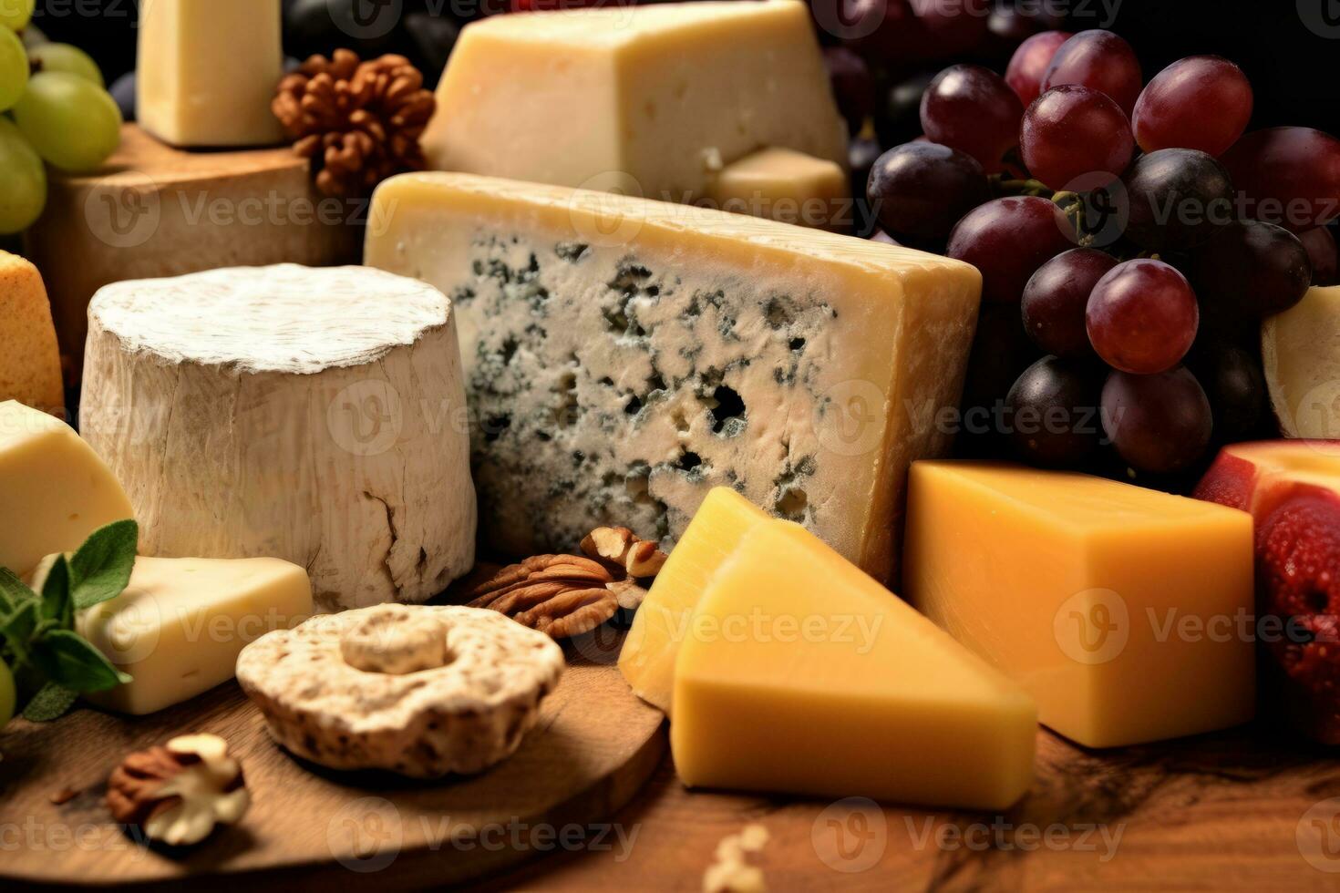 A close-up image highlighting a selection of artisanal cheeses, with various textures, colors, and shapes, conveying a sense of craftsmanship and quality. Generative Ai photo