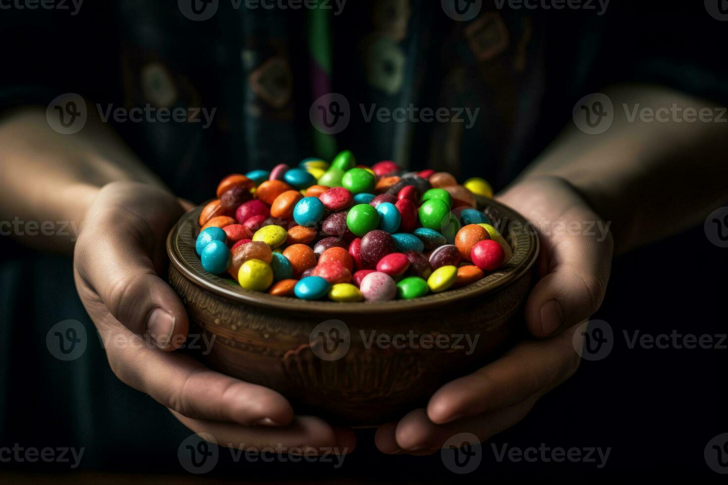 A close-up shot of hands holding a bowl filled with colorful Halloween candies, tempting viewers with the sweet treats of the season. Generative Ai photo