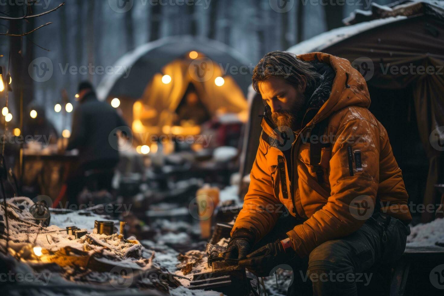 Rescue team setting up a temporary shelter in the snow, emphasizing their preparedness and ability to provide assistance even in extreme winter conditions. Generative Ai photo