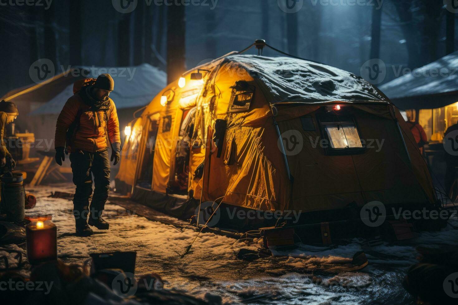 Rescue team setting up a temporary shelter in the snow, emphasizing their preparedness and ability to provide assistance even in extreme winter conditions. Generative Ai photo