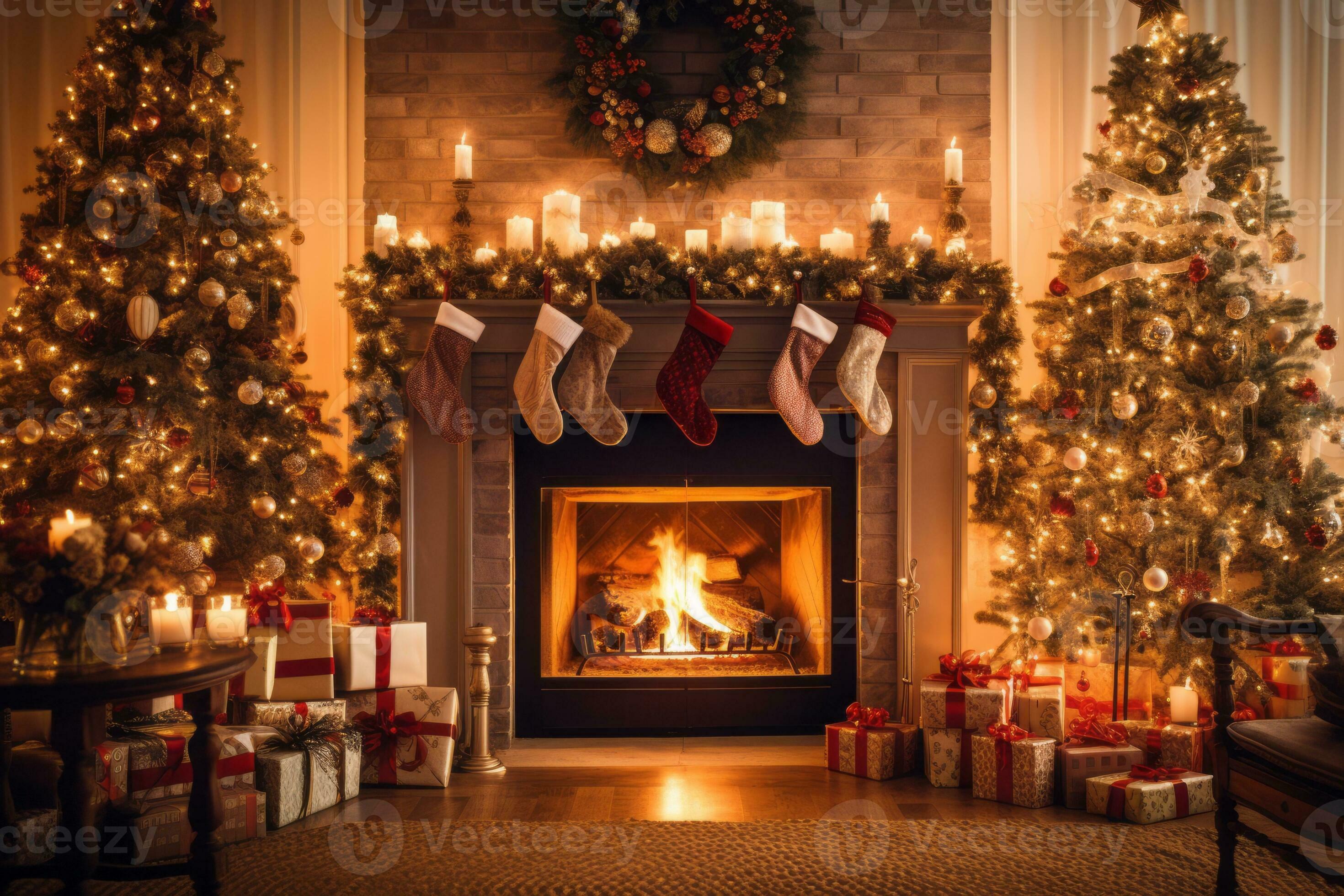 A cozy living room with a crackling fireplace, adorned with stockings ...