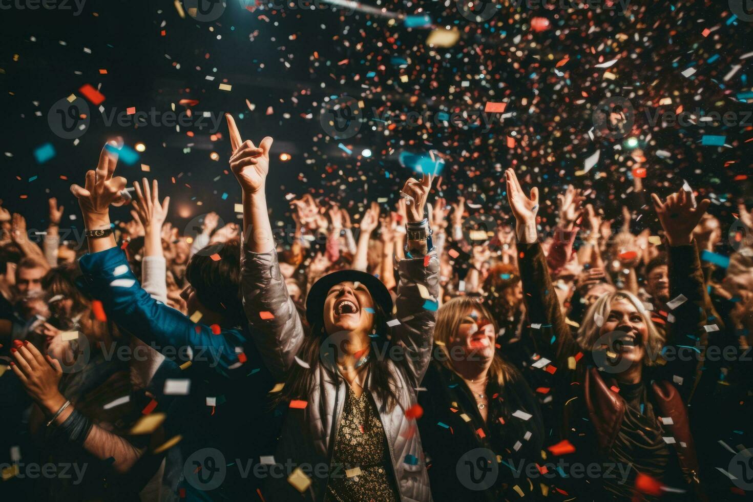 A diverse group of people wearing party hats and blowing confetti into the air, embodying the spirit of fun and festivity during New Year's celebrations. Generative AI photo