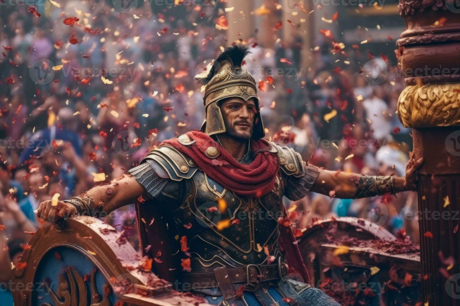 Roman general atop a triumphal chariot, surrounded by cheering crowds and showered with flower petals, symbolizing their victorious return from war. Generative AI photo