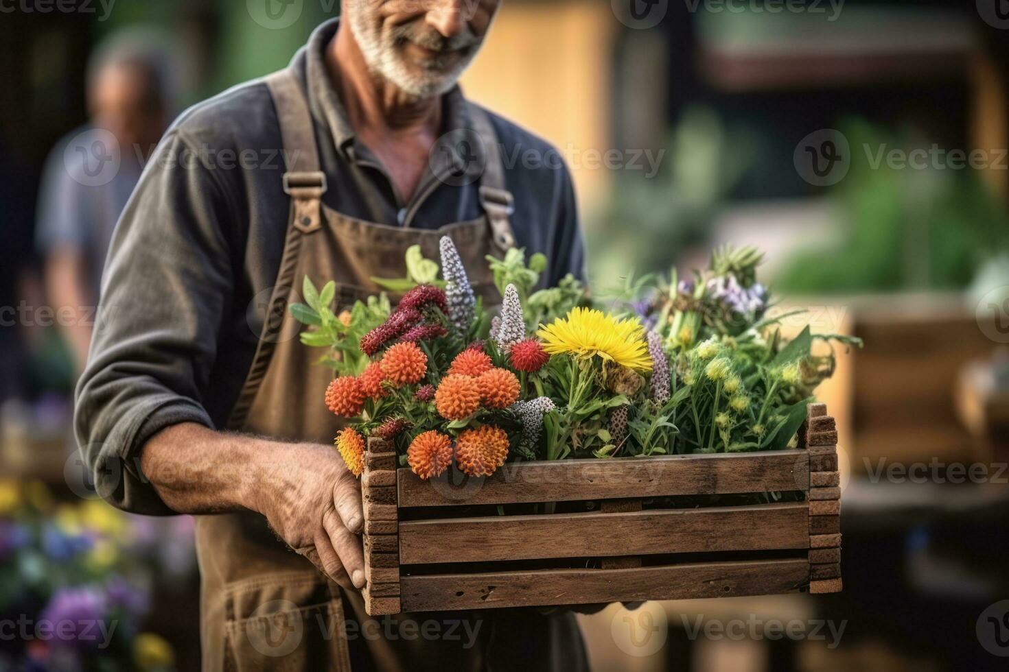 A farmer holding a crate of colorful flowers at a local farmers' market, showcasing the beauty and diversity of farm-grown floral products. Generative AI photo