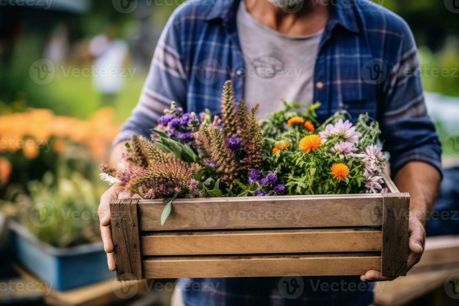 A farmer holding a crate of colorful flowers at a local farmers' market, showcasing the beauty and diversity of farm-grown floral products. Generative AI photo
