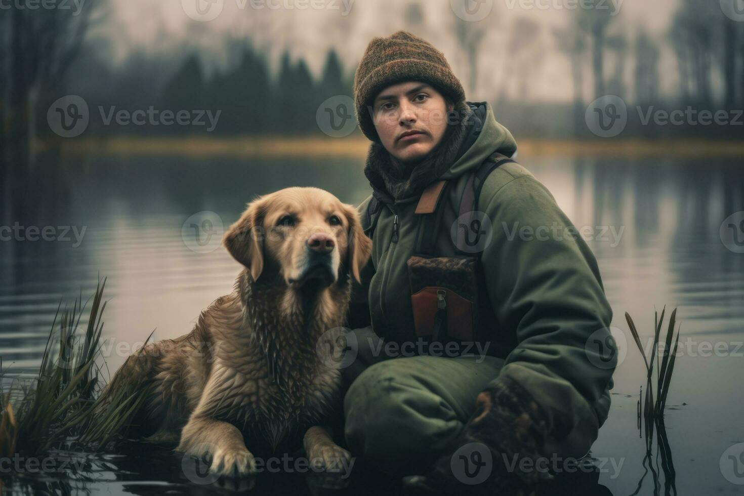 A hunter with a retriever dog by a serene lake, showcasing the bond between man and dog in the hunting experience. Generative AI photo