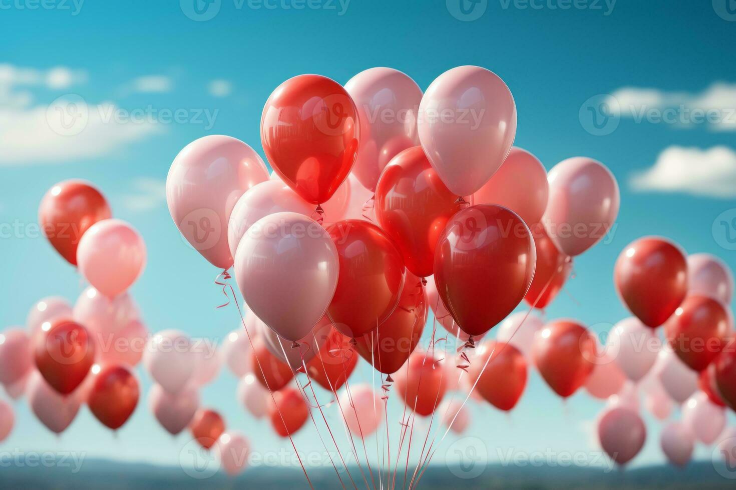A mesmerizing photo of balloons floating against a blue sky, symbolizing love taking flight and reaching new heights. Generative AI