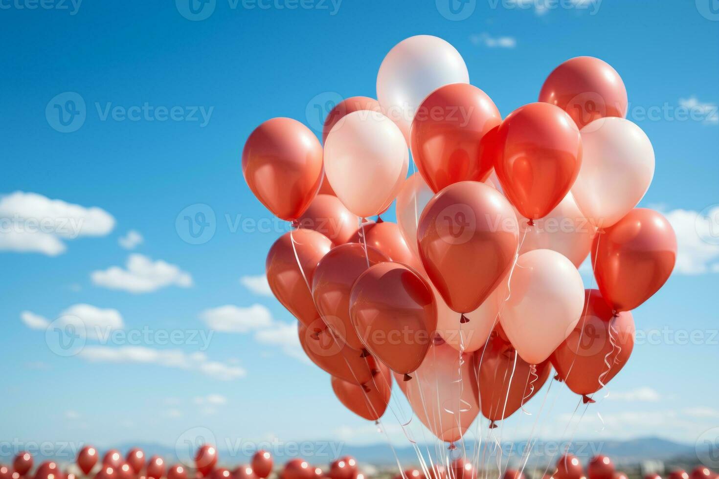 A mesmerizing photo of balloons floating against a blue sky, symbolizing love taking flight and reaching new heights. Generative AI