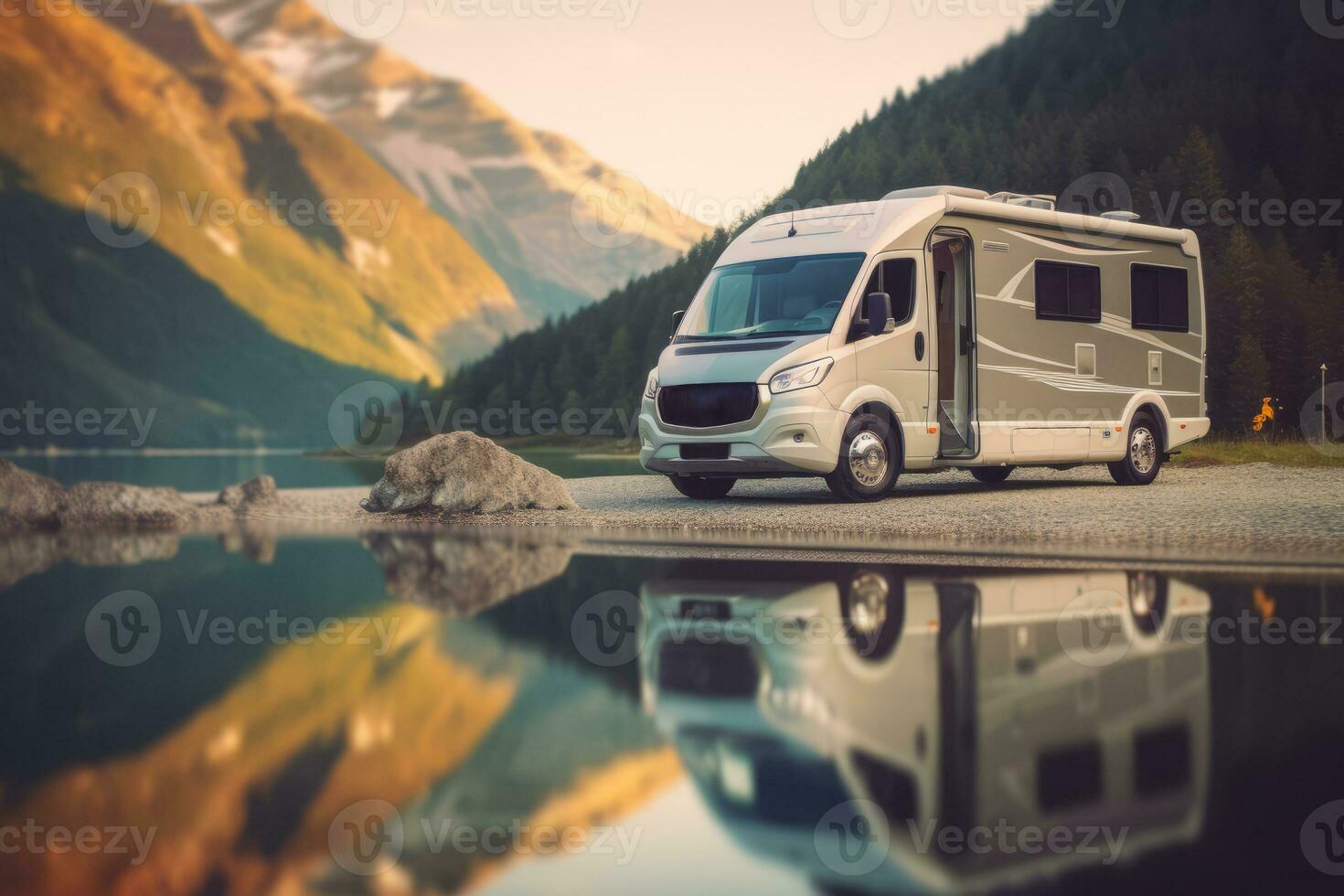 A picturesque image of a unrecognizable motorhome parked by a serene lakeside, showcasing the freedom and tranquility of a motorhome trip in nature. Generative Ai photo