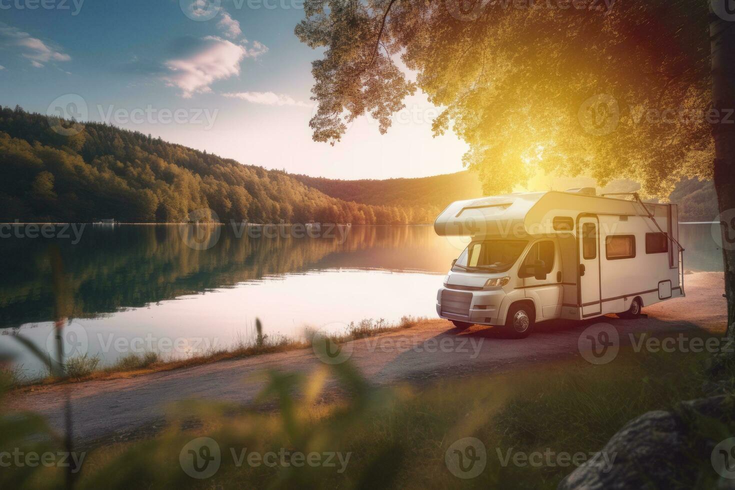 A picturesque image of a unrecognizable motorhome parked by a serene lakeside, showcasing the freedom and tranquility of a motorhome trip in nature. Generative Ai photo