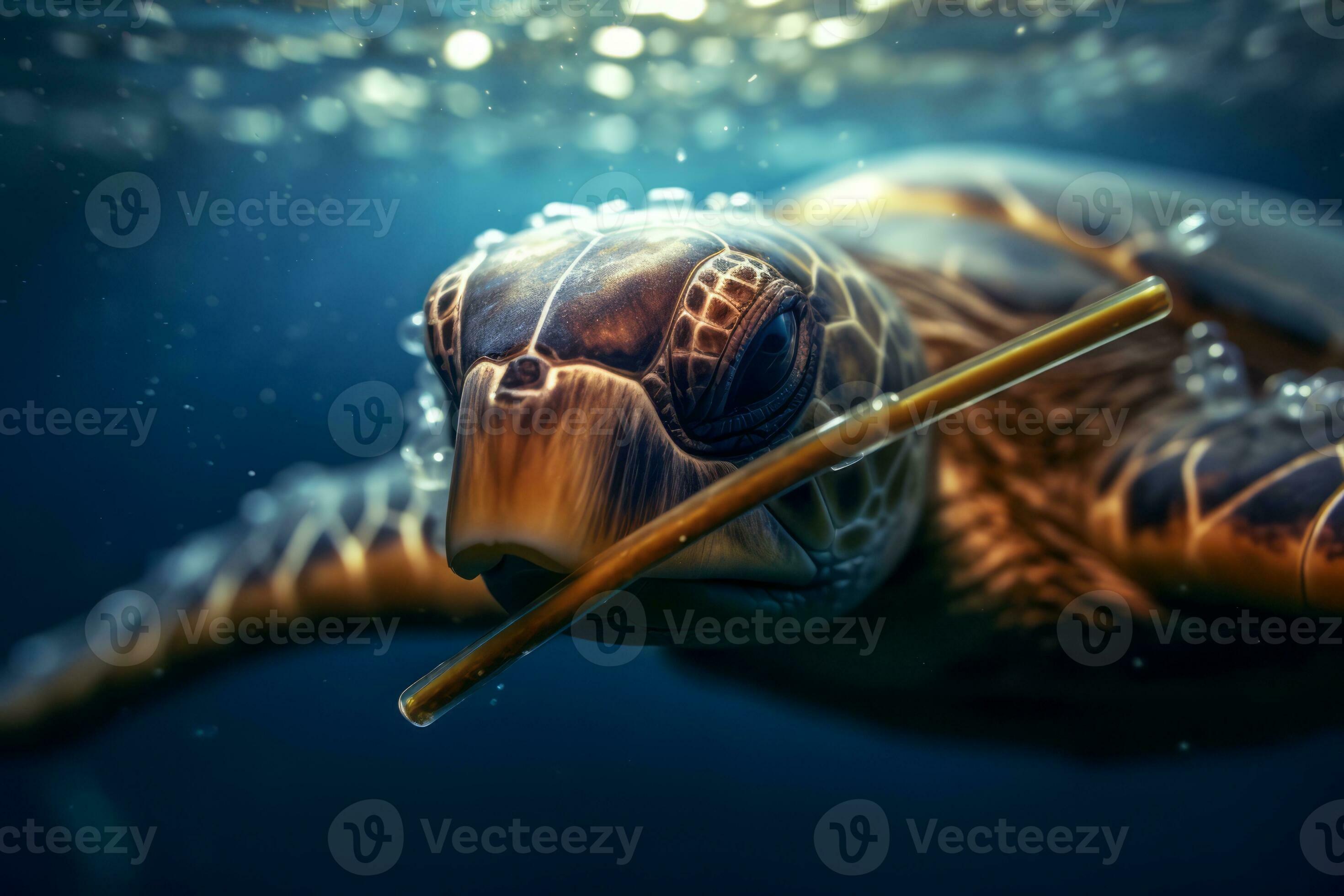 A powerful underwater shot of a plastic straw lodged in the nostril of