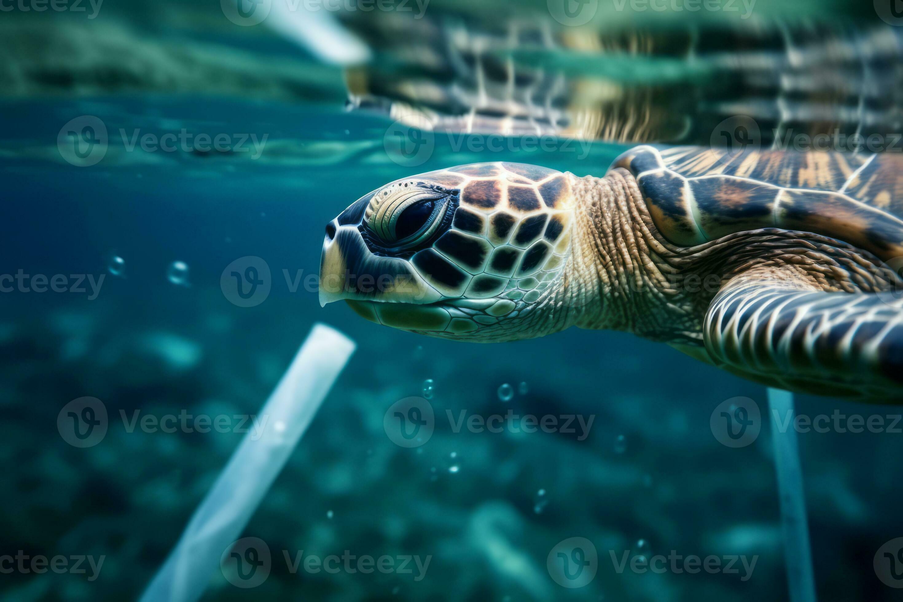 A powerful underwater shot of a plastic straw lodged in the