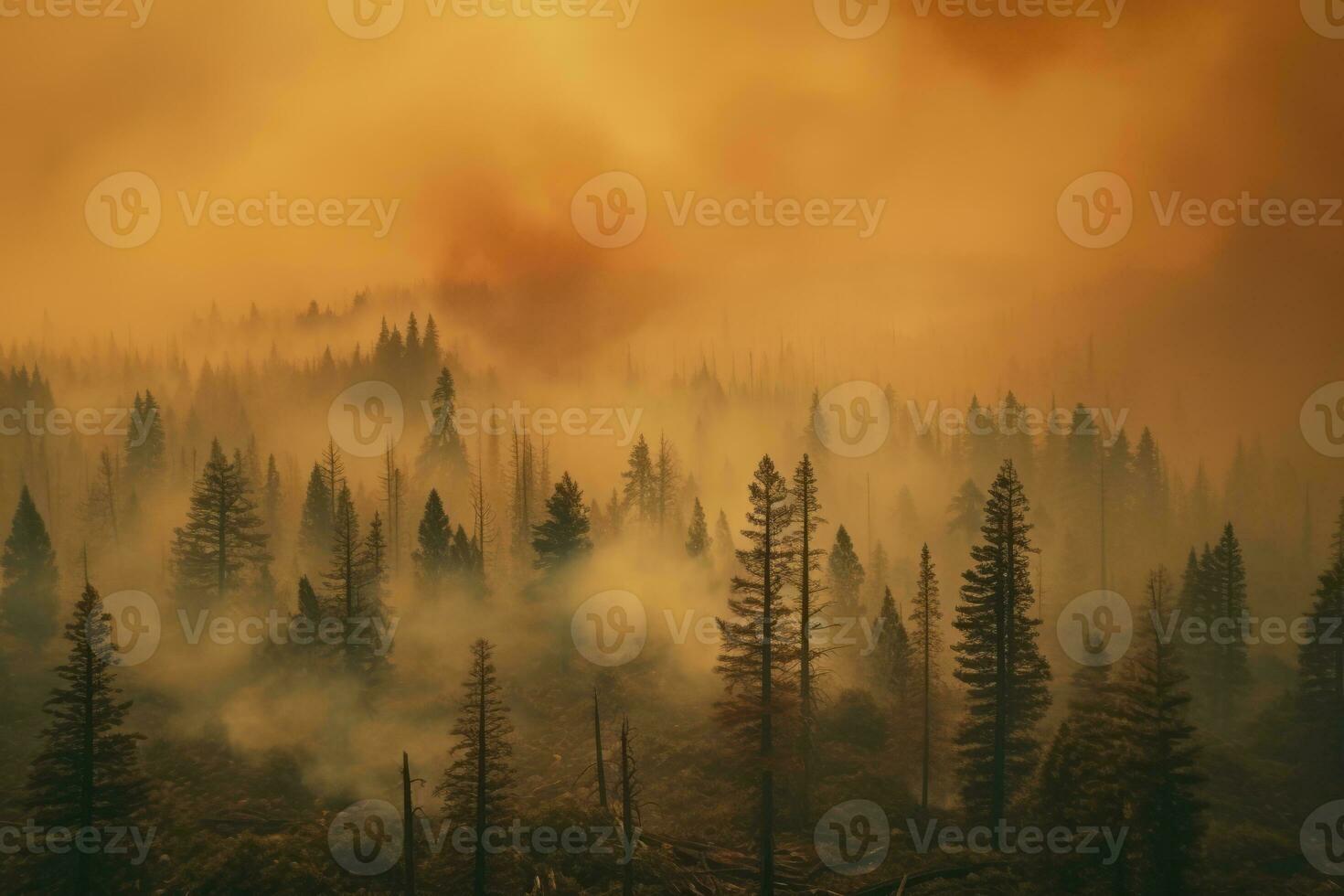 A powerful photograph of a forest engulfed in thick smoke from wildfires, emphasizing the urgent need for forest fire prevention and conservation. Generative Ai photo