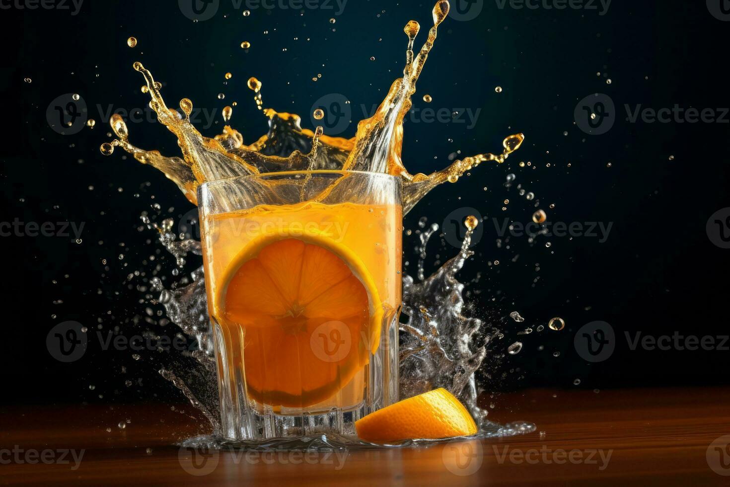 A refreshing splash of orange juice caught mid-air, conveying the invigorating and energizing nature of the drink. Generative Ai photo