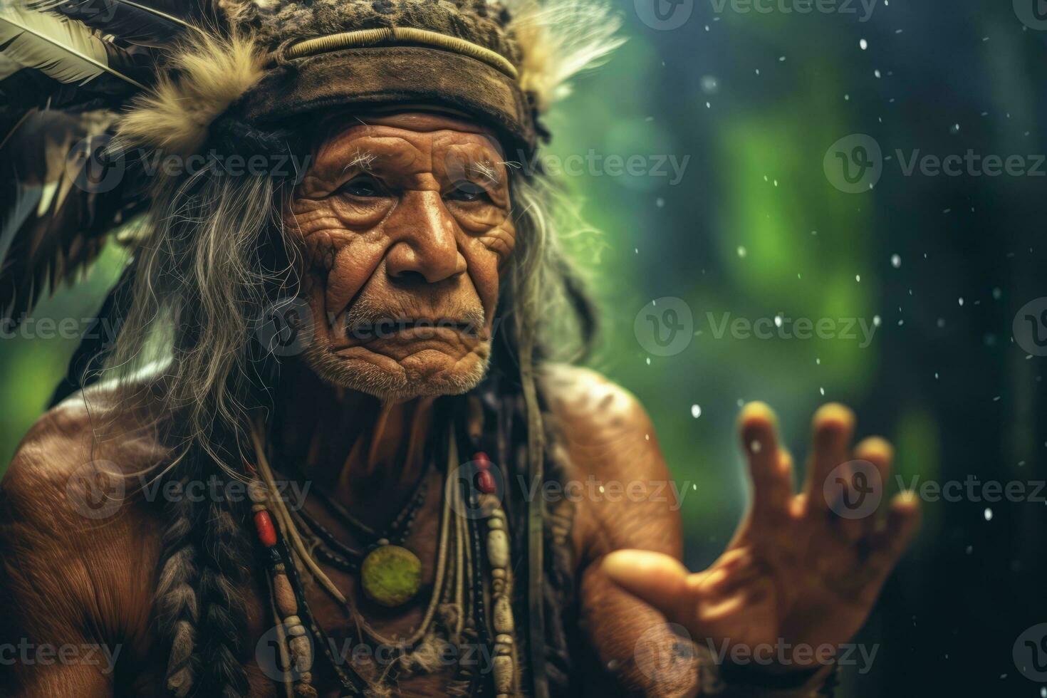 A serene image featuring an indigenous elder or shaman imparting wisdom to younger generations, emphasizing the deep connection with nature and ancestral knowledge. Generative Ai photo