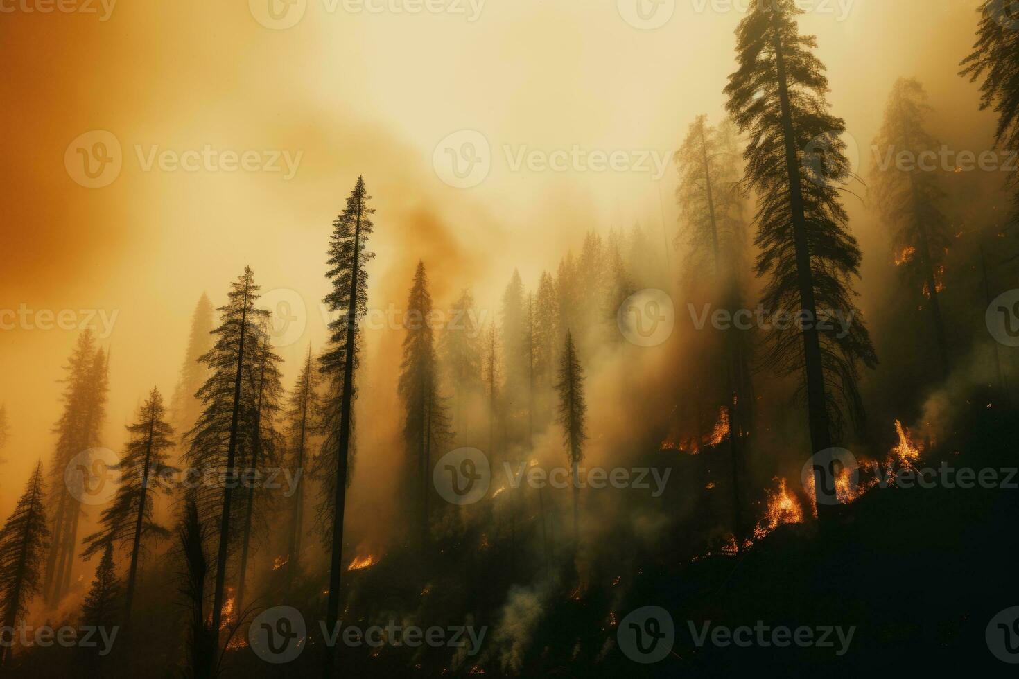 A powerful photograph of a forest engulfed in thick smoke from wildfires, emphasizing the urgent need for forest fire prevention and conservation. Generative Ai photo
