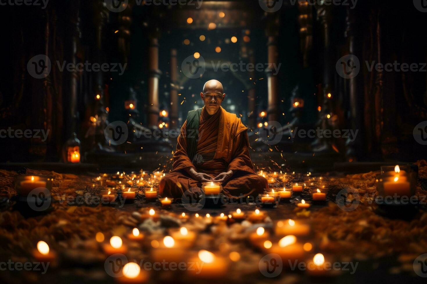 Buddhist monk meditating in a peaceful temple setting, symbolizing inner peace and mindfulness. Generative AI photo