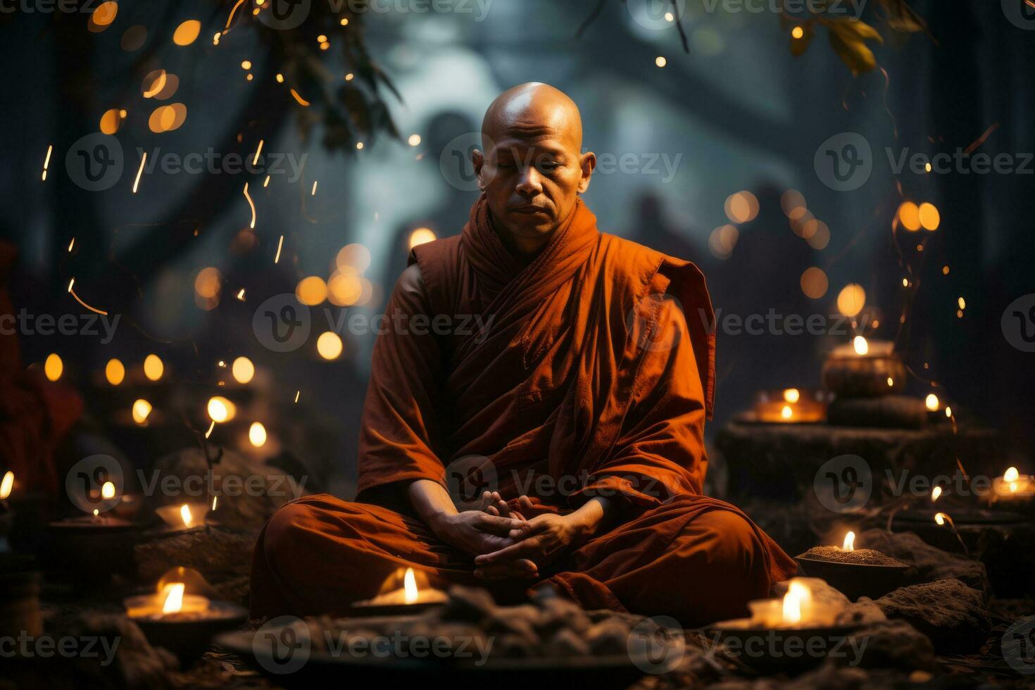 Buddhist monk meditating in a peaceful temple setting, symbolizing inner peace and mindfulness. Generative AI photo