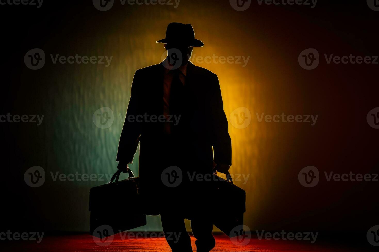 A silhouette of a fedora-wearing mafia hitman, holding a briefcase, as he walks into the shadows, symbolizing danger and clandestine dealings. Generative AI photo
