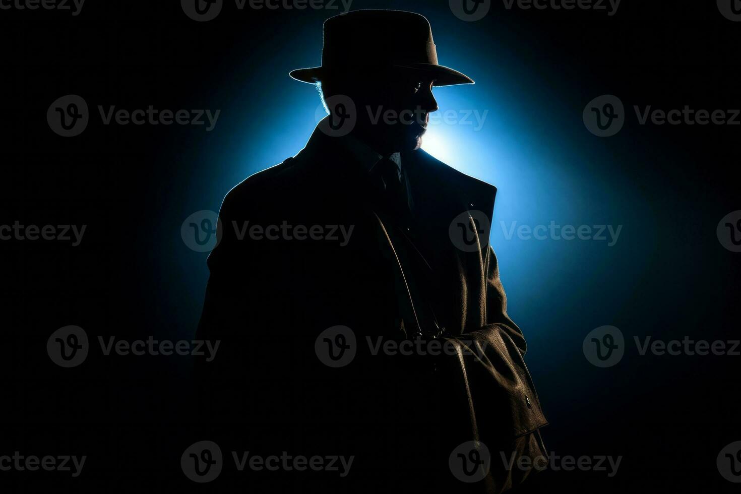A silhouette of a fedora-wearing mafia hitman, holding a briefcase, as he walks into the shadows, symbolizing danger and clandestine dealings. Generative AI photo