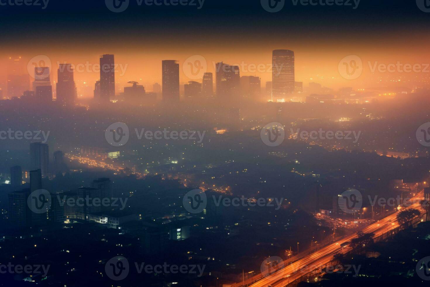A striking aerial view of a polluted city skyline, with thick smog enveloping the buildings, highlighting the urgent need for clean air initiatives. Generative AI photo
