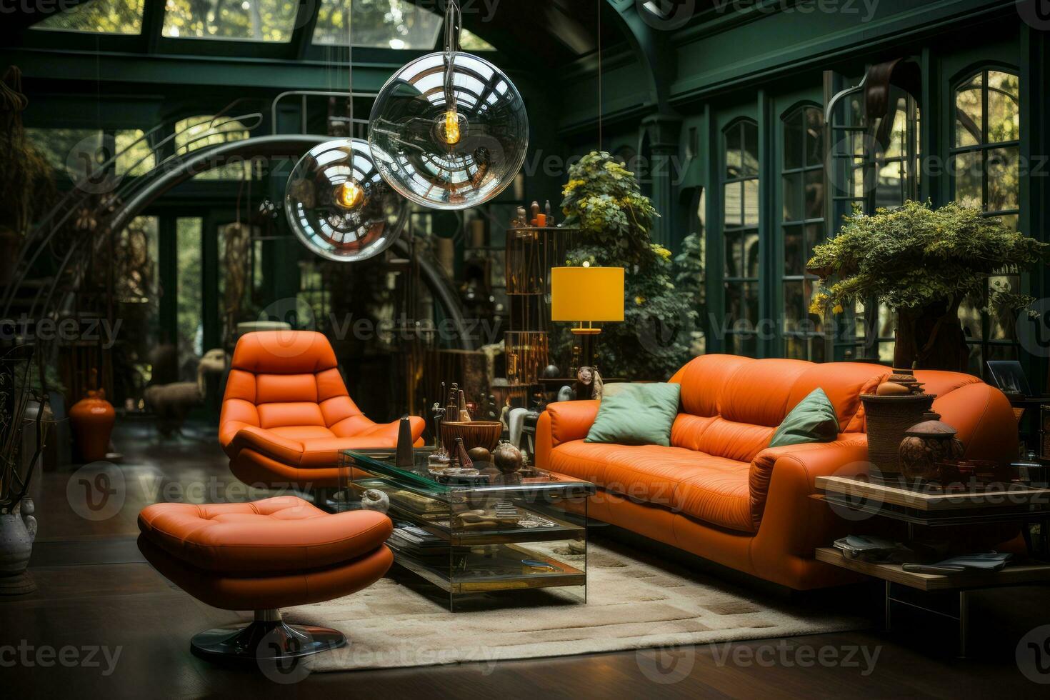 A stylish living room in a '70s mansion featuring vibrant orange and green hues, shag carpets, retro furniture, and a disco ball, evoking the glamour of the era. Generative Ai photo