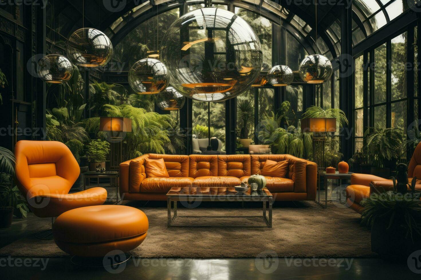 A stylish living room in a '70s mansion featuring vibrant orange and green hues, shag carpets, retro furniture, and a disco ball, evoking the glamour of the era. Generative Ai photo