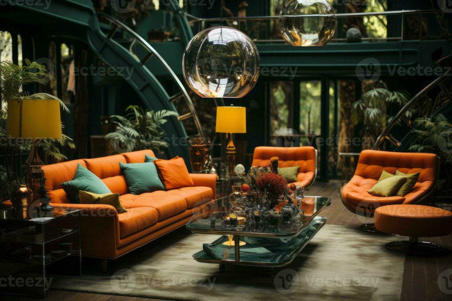 A stylish living room in a '70s mansion featuring vibrant orange and green hues, shag carpets, retro furniture, and a disco ball, evoking the glamour of the era. Generative Ai photo