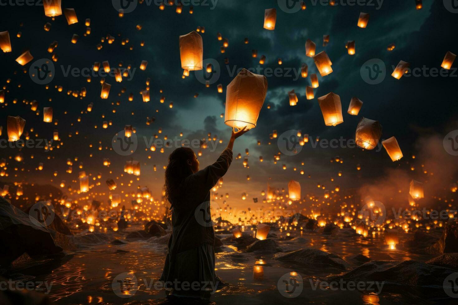 Person releasing a paper lantern into the night sky, signifying the release of burdens and the freedom of the soul's journey. Generative AI photo