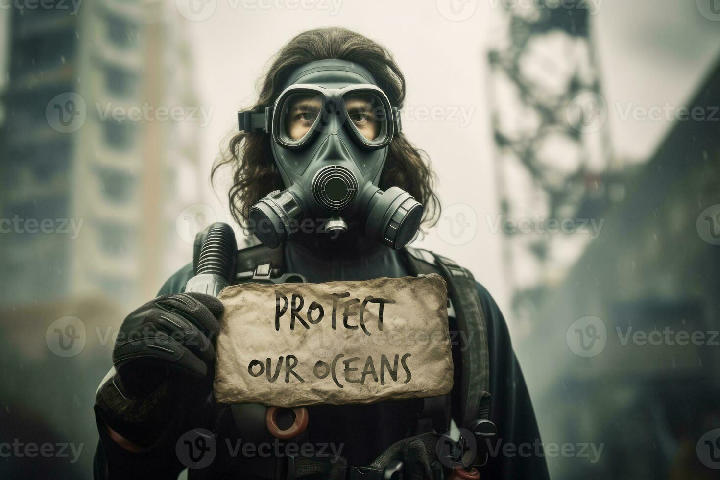 A thought-provoking image of a diver holding a sign that reads 'Protect Our Oceans' amidst a backdrop of pollution, advocating for collective action. Generative Ai photo