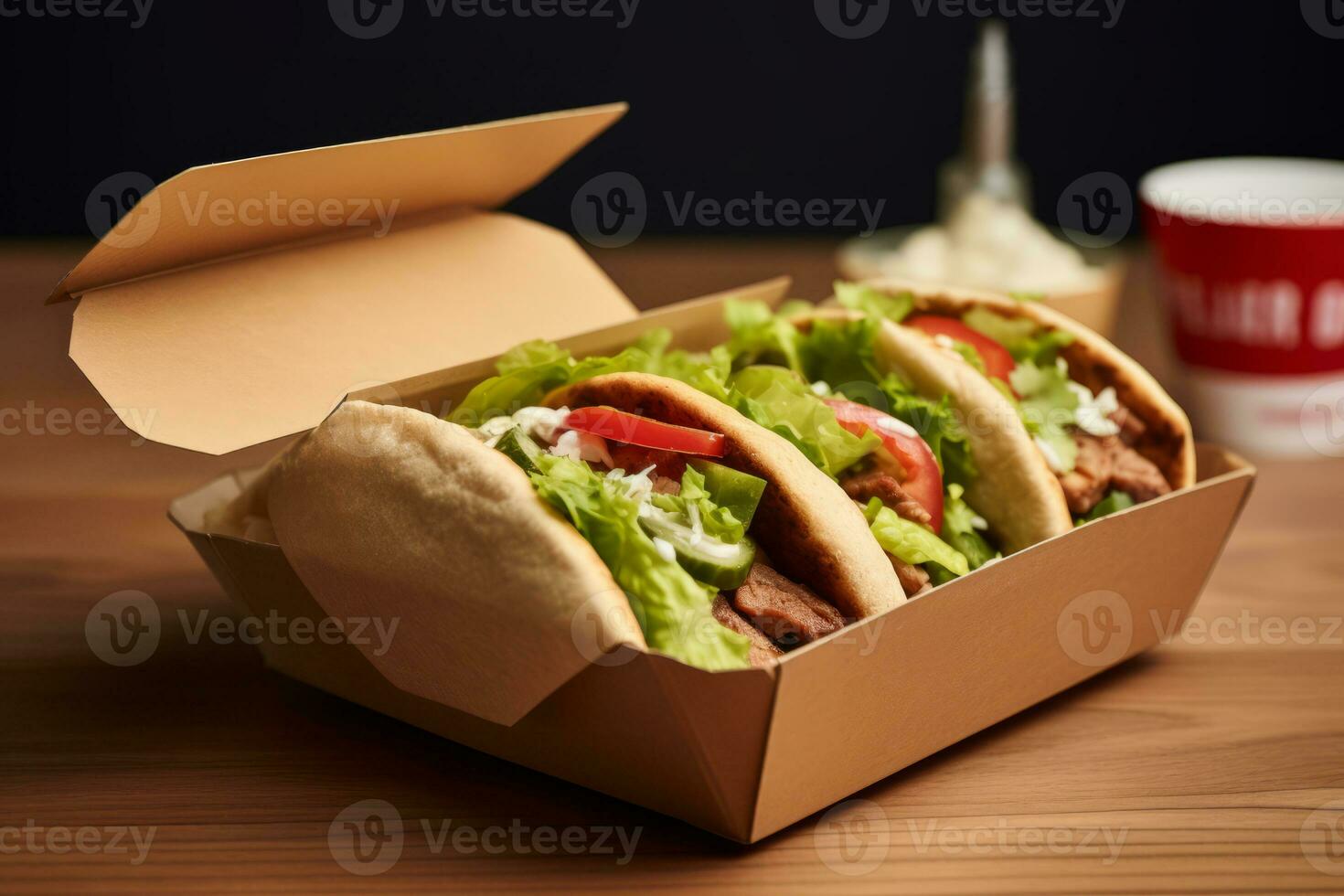 A Doner kebab packaging, featuring a well-presented and appetizing kebab nestled in a to-go box, suitable for food delivery apps and restaurant promotions. Generative AI photo