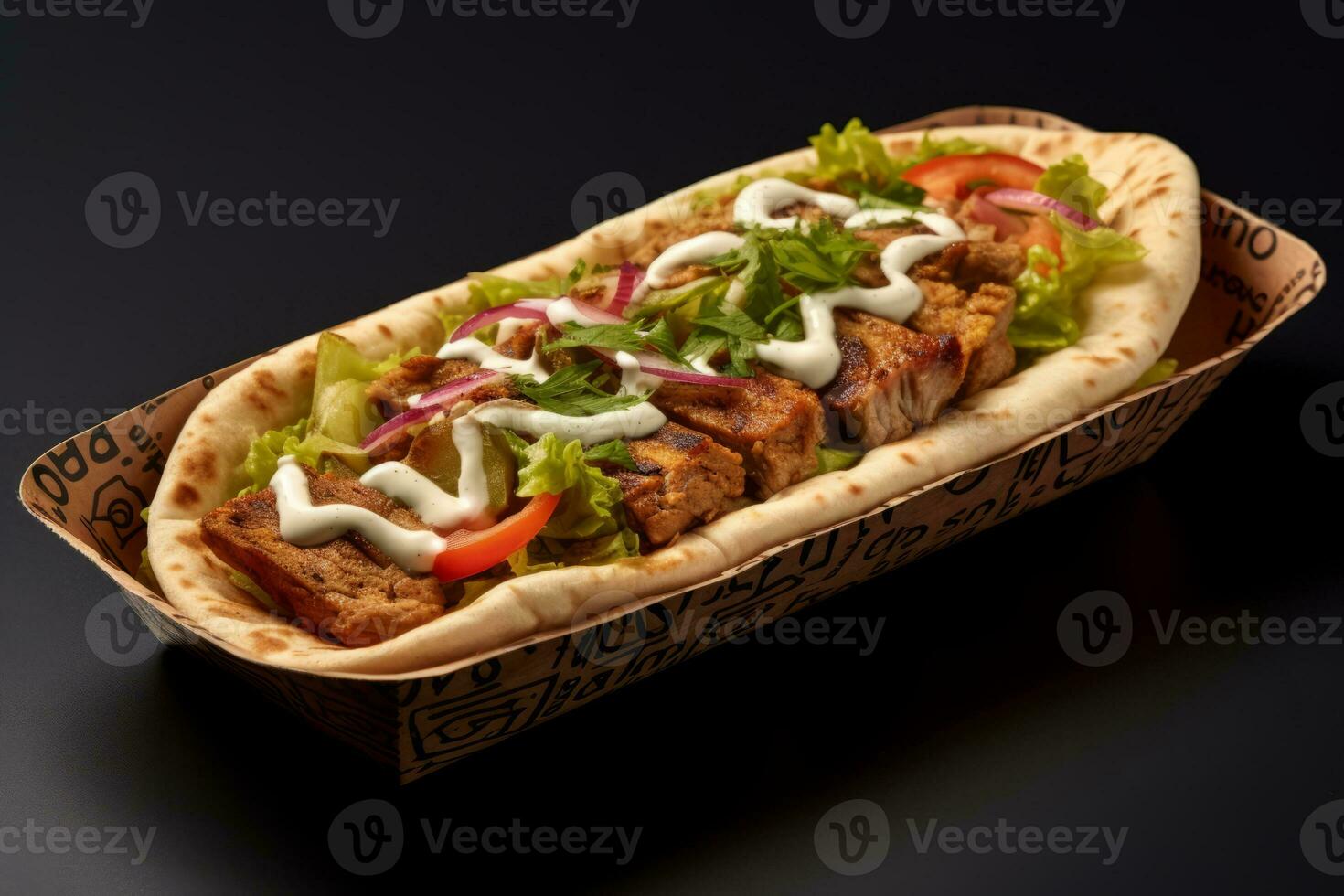 A Doner kebab packaging, featuring a well-presented and appetizing kebab nestled in a to-go box, suitable for food delivery apps and restaurant promotions. Generative AI photo