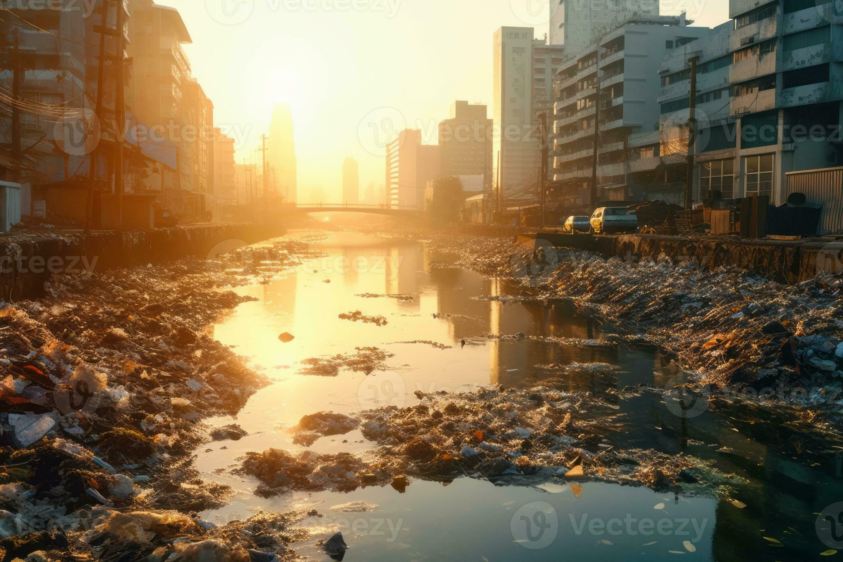 A polluted river flowing through a cityscape, shedding light on the