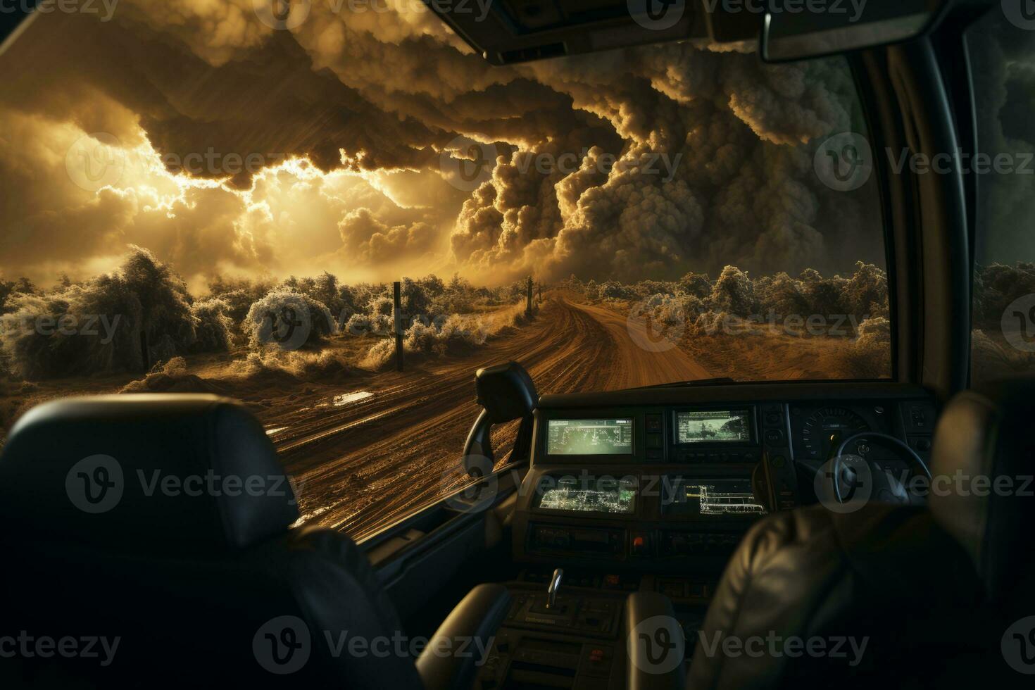 Stunning shot of a tornado chaser vehicle driving towards an approaching tornado, highlighting the bravery and dedication of storm researchers. Generative Ai photo