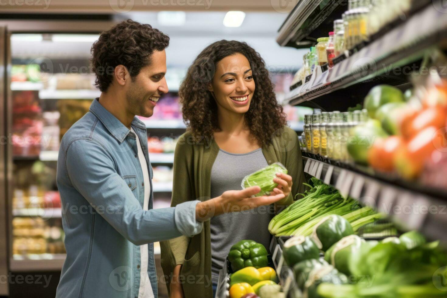 A nutritionist guiding a client through a grocery store, selecting nutritious ingredients, and reading food labels, promoting informed food choices. Generative AI photo