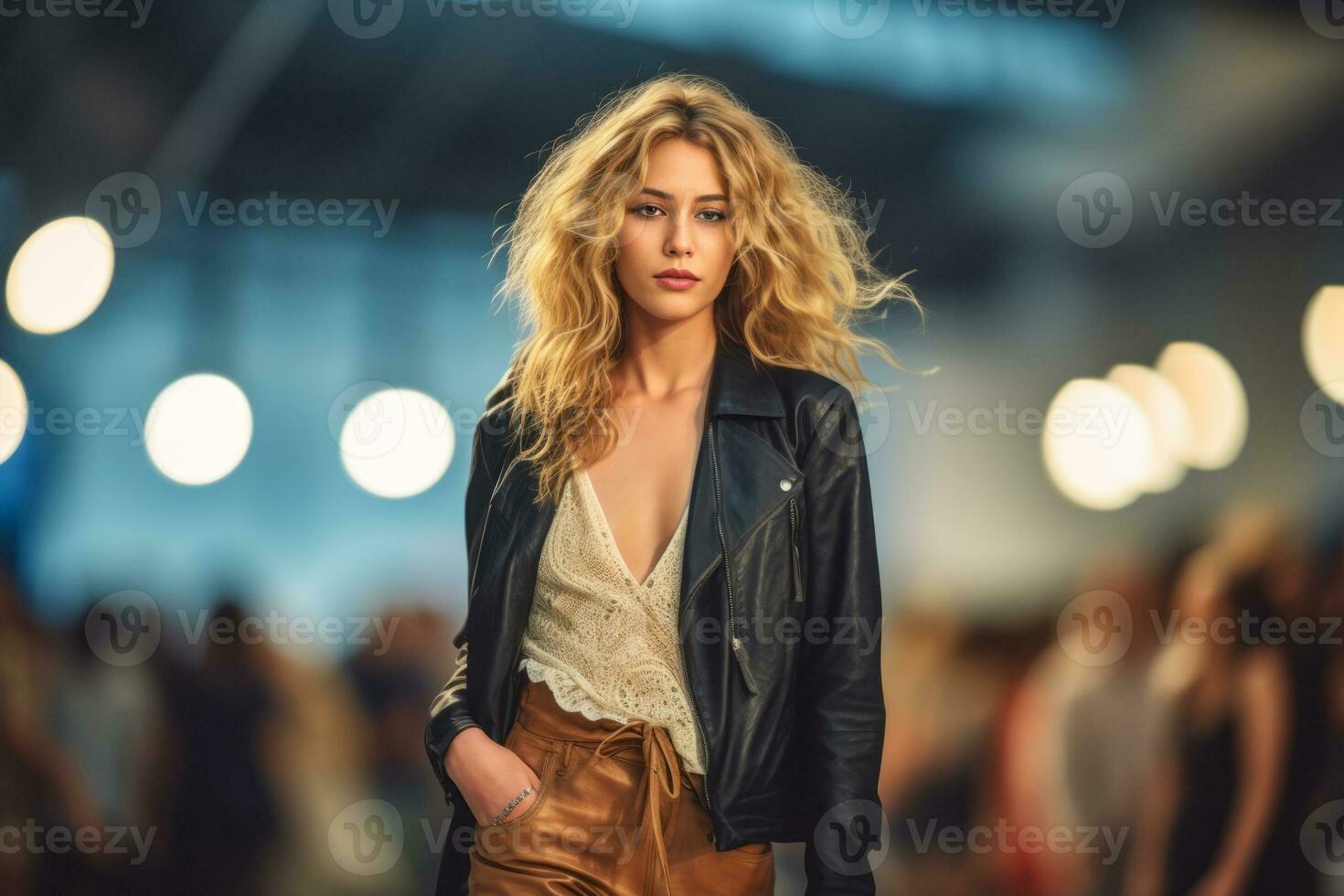 A young fashion model strutting confidently on a runway, showcasing the latest designer collection with elegance and style. Generative AI photo