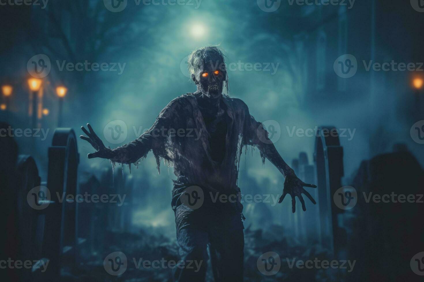 A zombie emerging from a fog-filled graveyard, with moonlight casting an eerie glow, adding a sense of mystery and dread to Halloween advertising. Generative Ai photo