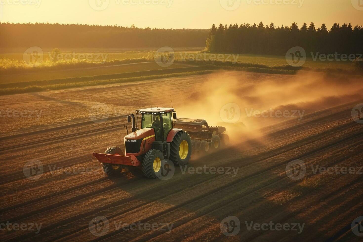 An aerial shot of a tractor plowing the fields at sunset, highlighting the modern machinery and technology used in farming practices. Generative Ai photo